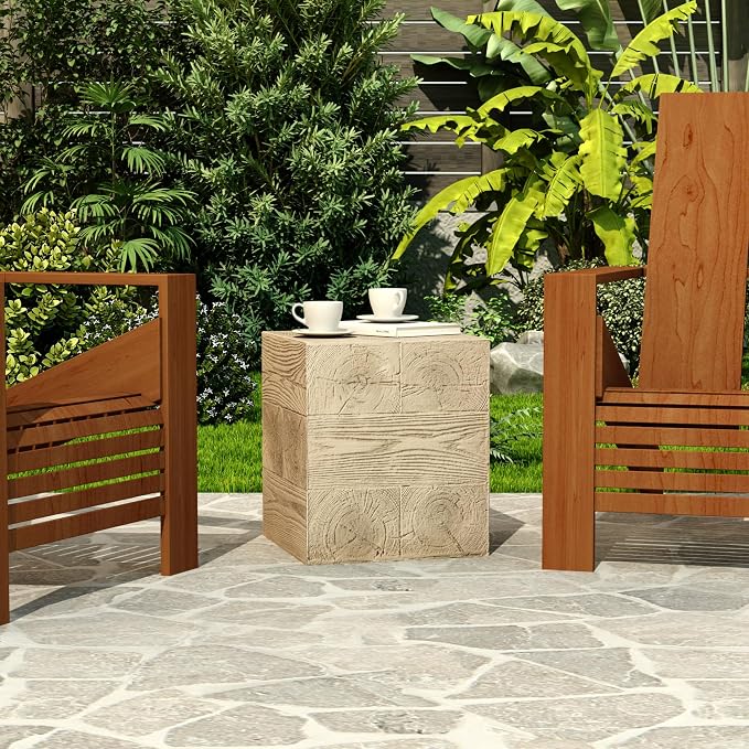 COSIEST Outdoor Side Table Faux Wood Patio End Table, Hand-Painted Wooden Plant Stand, Stool, Ottoman for Deck, Garden, Yard, Indoor