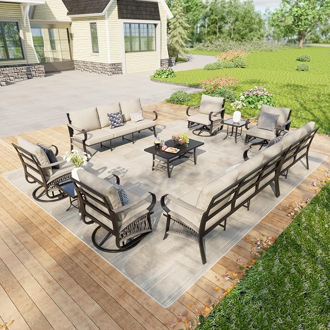 10 Pieces Patio Furniture Set, Metal Outdoor Conversation Sets with Swivel Chairs, Modern Couch Sofa Seating Group with Coffee Table and Side Table (Thick Beige Cushions)