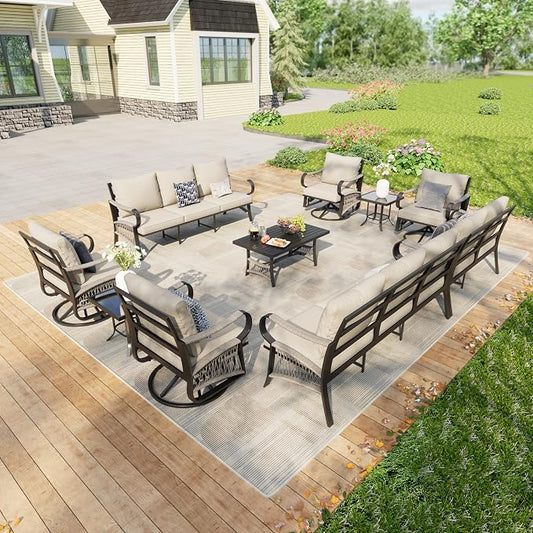 10 Pieces Patio Furniture Set, Metal Outdoor Conversation Sets with Swivel Chairs, Modern Couch Sofa Seating Group with Coffee Table and Side Table (Thick Beige Cushions)
