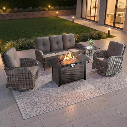 5 Piece Patio Furniture Set with Fire Pit Table - Wicker Patio Conversation Set with Swivel Glider, 3-Seat Sofa, Tempered Glass Side Table for Deck Backyard - Brown Wicker Grey Cushion