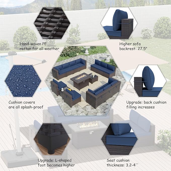 ALAULM 15 Pieces Patio Furniture Set with Aluminum Fire Pit Table Outdoor Furniture Sets 55000BTU Gas Fire Pit Brown PE Rattan Wicker Patio Conversation Sets w/12 Cushions (Dark Blue)
