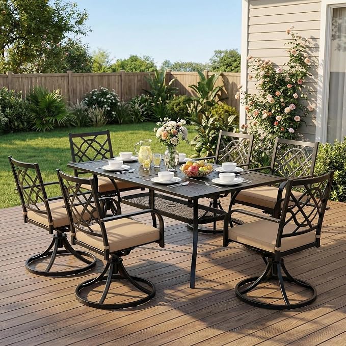 Crownland 7 PCS Furniture Patio Dining Set, 6 Swivel Metal Chairs and Rectangular Outdoor Dining Table with 1.57" Umbrella Hole, Suitable for Backyard, Lawn, Garden (Metal Tabletop)