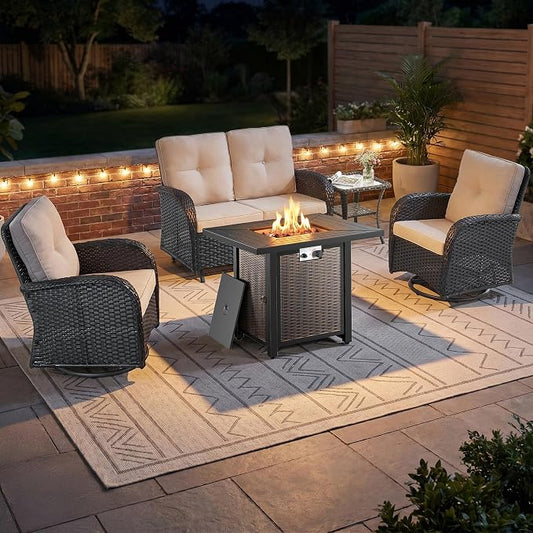 5 Piece Patio Furniture Set with Fire Pit Table - Wicker Patio Conversation Set with Swivel Glider, Glider Loveseat, Tempered Glass Side Table for Deck Backyard - Black Wicker Beige Cushion