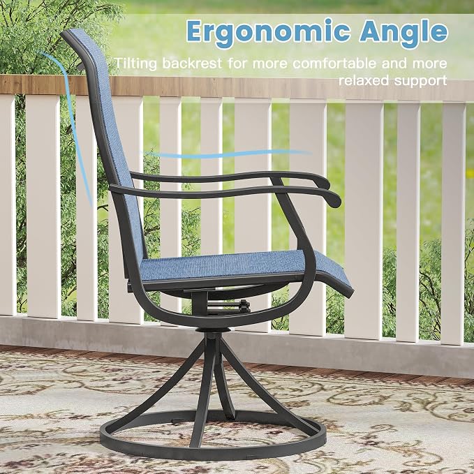 DIFY Patio Table and Chairs Set for 4, 5 Piece Outdoor Dining Set, 40.6" Black Round Metal Dining Table with Umbrella Hole and 4 Blue Textilene Swivel Patio Chairs, for Garden Backyard Deck