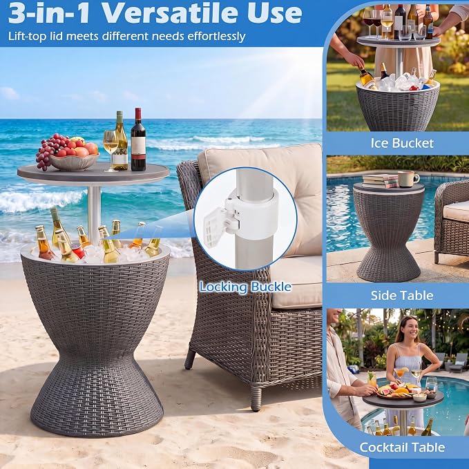 COSTWAY Outdoor Cool Bar Table, 8 Gallon Beer and Wine Cooler, Height Adjustable Rattan Style Cocktail Patio Bar Tables, 3-in-1 Ice Cooler with Drainage Plug for Deck, Pool, Party, Beach (Gray)