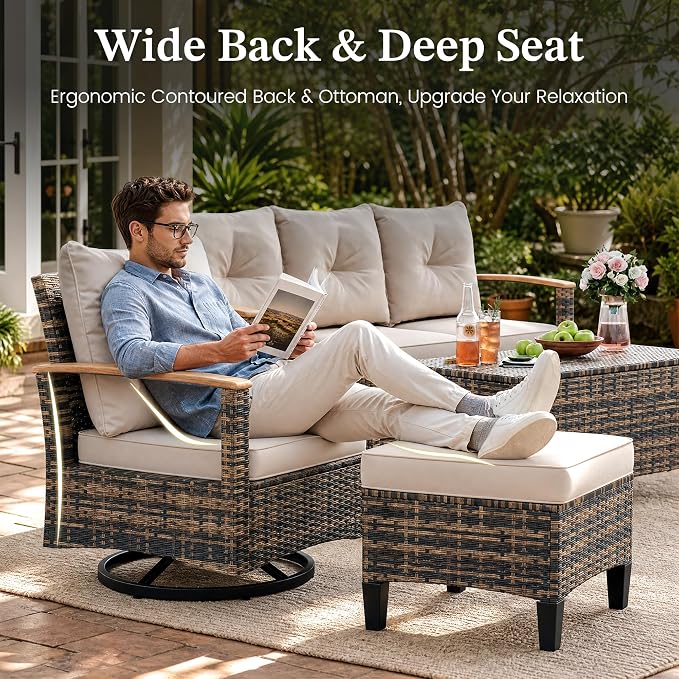UDPATIO Patio Furniture Set with Swivel Chairs, 6 Pieces Outdoor Wicker Conversation Set with Storage Table for Lawn, Porch, Garden, Backyard, Khaki