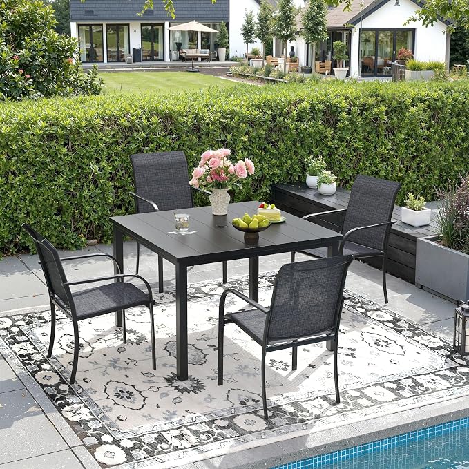 DIFY 5 Pieces Outdoor Patio Dining Set for 4, 40.2" Black Square Metal Dining Table and 4 Grey Stackable Textilene Patio Chairs, Outdoor Table and Chairs for Backyard Garden Poolside