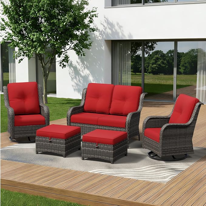 5 Piece Outdoor Wicker Patio Furniture Set, Outdoor Swivel Rocker Patio Chairs Set with Thickened Olefin Cushions, High Back and Deep Seating, Hand-Woven PE Rattan for Porch, Deck
