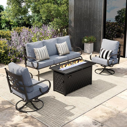 Sophia & William Patio Conversation Set for 5, 3-Seater Sofa, 2 Swivel Chairs and a 45" Fire Pit Table, Metal Outdoor Furniture with 5.75" Extra Thick Cushions, Grey