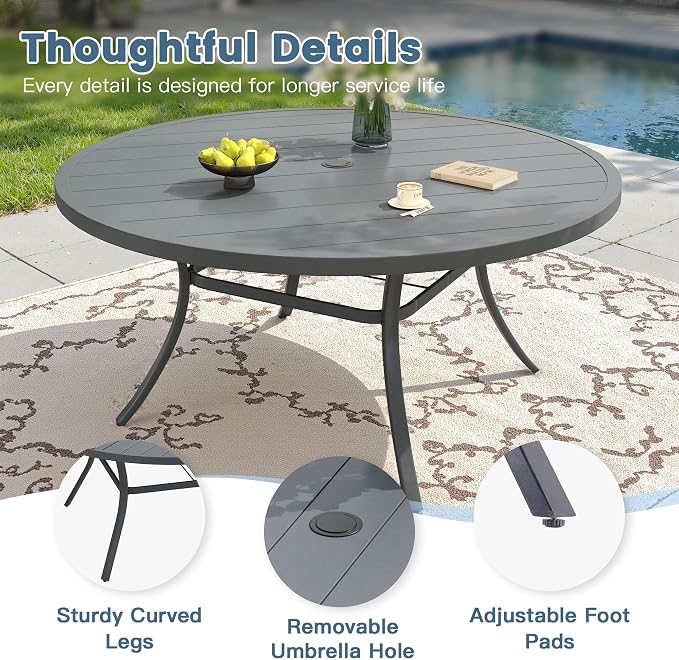 DIFY Outdoor Dining Set for 8, 9 Piece Patio Table and Chairs Set, Swivel Patio Dining Chairs with Textilene Fabric & 63" Round Metal Dining Table with Umbrella Hole, for Garden Backyard Deck, Grey