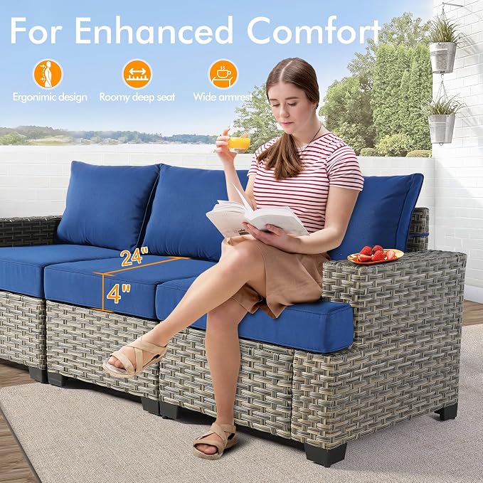 9 Pcs Outdoor Sectional Patio Furniture Set with Swivel Rocking Chairs - All Weather Wicker Modular Outside Sectional Couch,Patio Seating Outdoor Conversation Set for Deck Yard Garden,Navy Blue