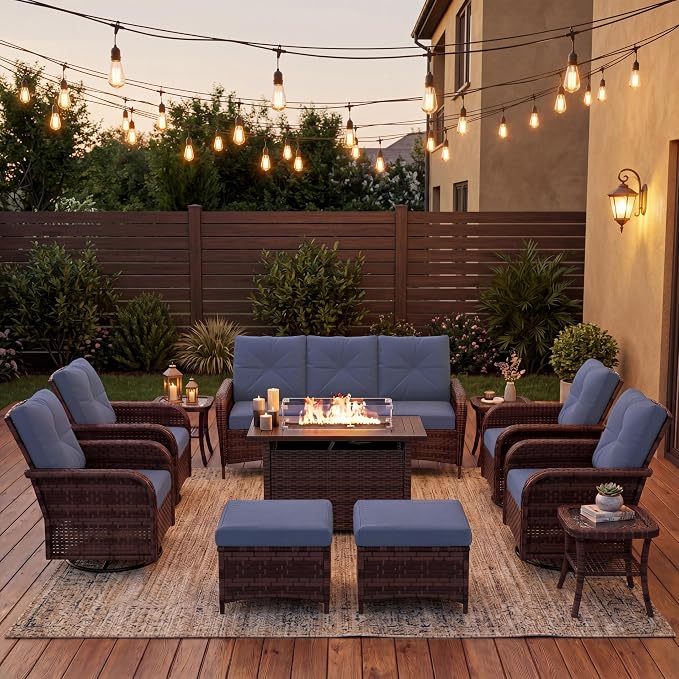 LazySunsets 12 Piece Outdoor Patio Furniture Set with 44'' Fire Pit Table, Wicker Rattan Outdoor Furniture with High Back Swivel Rocker Chairs, Outdoor Sofa Set with Thick Cushion & Ottoman, Navy Blue