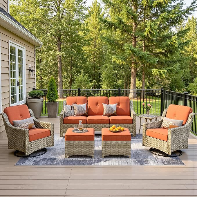 6 Piece Patio Furniture Set with Swivel Rocker Chairs, Outdoor Wicker High Back Sofa Glider Chair Ottoman with Cushion, All Weather Conversation Sets for Backyard Poolside Deck Bold Orange