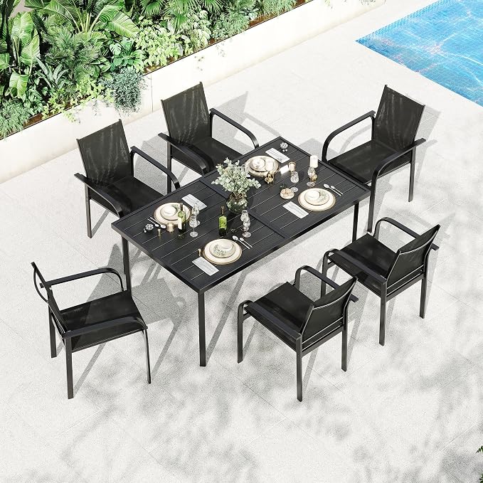 Garvee 7 Piece Patio Dining Set, Outdoor Furniture with 55" Rectangular Iron Table & 6 Textilene Chairs, All Weather Wood-Grain Finish, Suitable for Backyard, Garden, Poolside