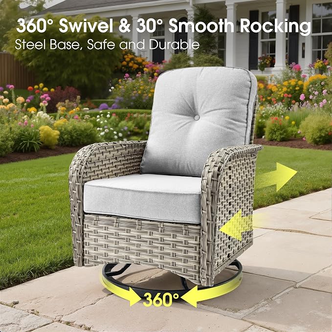 Wicker Patio Furniture Set with Fire Pit Table,9 Pieces Outdoor Sectional with Swivel Chairs Ottoman,Out Door Furniture Conversation Set,Light Grey
