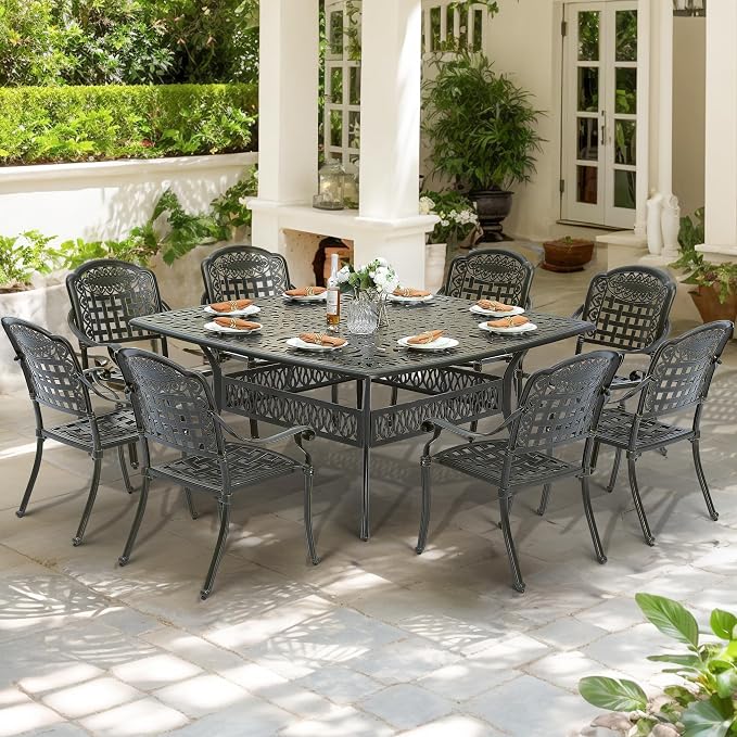 9-Piece Patio Cast Aluminum Dining Set, Outdoor Table and Chairs Set for 8, Includes 64" Large Square Dining Table and 8 Chairs with Umbrella Hole, Patio Furniture Set for Lawn Garden
