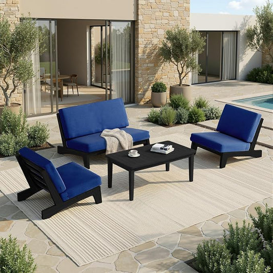 Pia Ricoo 4 Piece Patio Furniture Sets, Outdoor Furniture with 2 Chairs & Coffee Table, Patio Conversation Set for Backyard, Deck, Lawn, Navy, Dark Wood