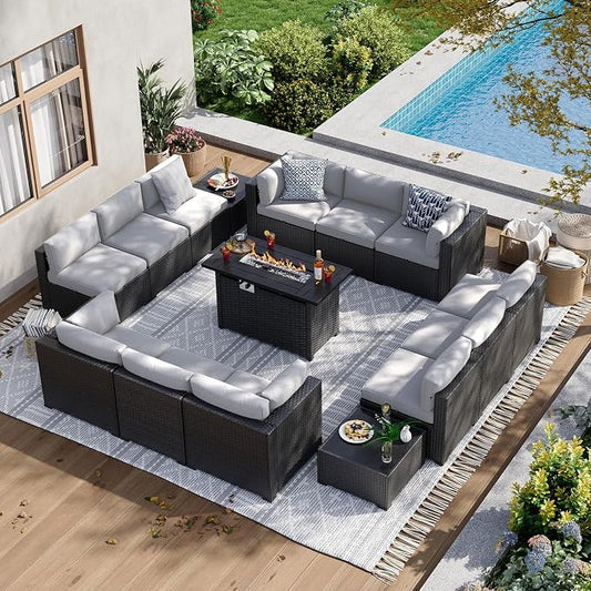 Aoxun 15 Piece Patio Furniture Set with 44” Fire Pit Table, Wicker Rattan Patio Sectional Sofa, Outdoor Furniture Set with Thickened Cushion, Light Gray