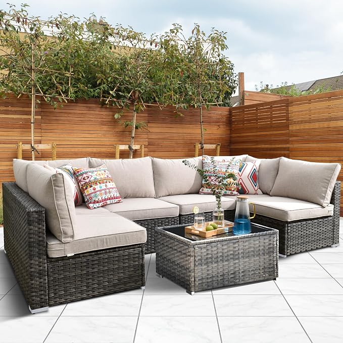 HOOOWOOO Patio Outdoor Sectional Furniture Sofa Set,7 Piece U Shaped Corner Wicker Rattan Couch Set,Rustic 6 Persons Summer Patio Conversation Set for Outside Porch Deck Garden(Beige Tan)