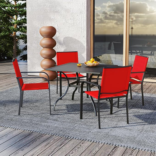 Outdoor Patio Red Stackable Chairs and 35" Square Table Small Dining Set 5 | 4 Piece Stackable Chairs, Textilene Seat&Back, Metal Table, Slat Table Top, 4 Person Use, 1.57" Umbrella Hole, All Weather