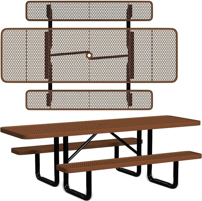 Leisure Craft Metal Picnic Table with Bench - 8 ft Rectangle Outdoor Dining Table with Umbrella Hole, Heavy Duty Thermoplastic Coating, ADA Compliant, Commercial Grade Furniture Made in USA - Brown
