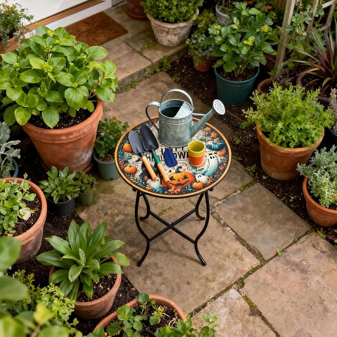 Outdoor Side Table, 17 Inch Tall Weather Resistant Patio Side Table Plant Stand for Indoor Outdoor Use, Metal Round Table for Flower Pots Vase Home Decor, Easy Assemble
