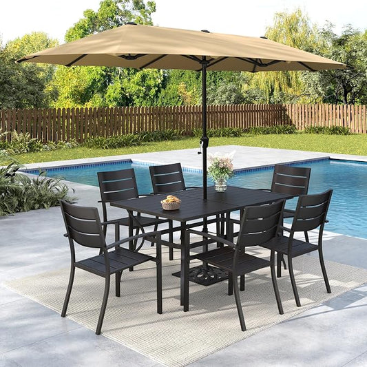 MFSTUDIO Outdoor Dining Set with Umbrella, Metal Patio Dining Set for 6 Persons, Patio Furniture Set with Beige Umbrella (Base not Included)