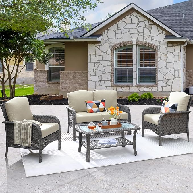ovios 4-Piece Patio Furniture Set, Outdoor Wicker Sofa with Chairs Coffee Table, High Back Rattan Couch Loveseat with Comfy Cushions for Porch Yard Deck, Beige