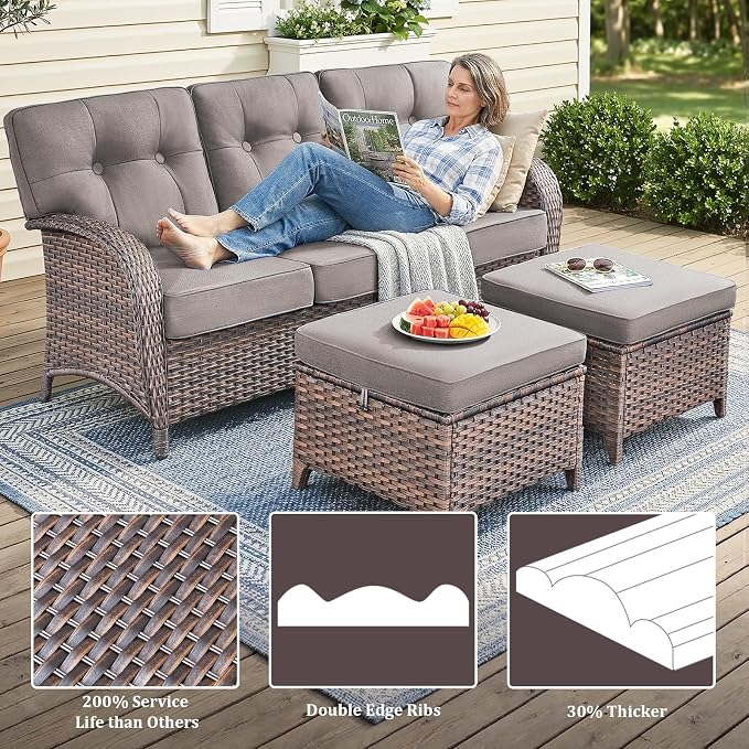 Patio Furniture Set, 6PCS Outdoor Wicker Conversation Set with Side Table, High Back Rattan Sofa & Swivel Rocker Chairs, Weather Resistant Olefin Fabric for Garden, Poolside Brown/Grey