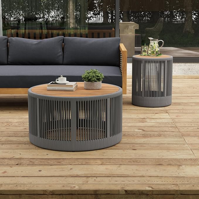 IRONORA 2 Piece Nesting Patio Table Set, Solid Acacia Wood Top Grey Hand-Woven Rope Round Coffee & Side Table, Weather Resistant Hollow Drum Accent Tables for Backyard Balcony Coastal Boho Decor