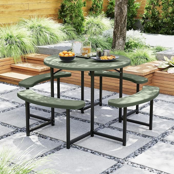 LDAILY Picnic Tables with Benches, Round Picnic Dining Table with 1520 lbs Capacity Metal Frame, HDPE Tabletop & Umbrella Hole, 8-Person Plastic Picnic Tables for Outdoors, Patio, Lawn, Yard (Green)
