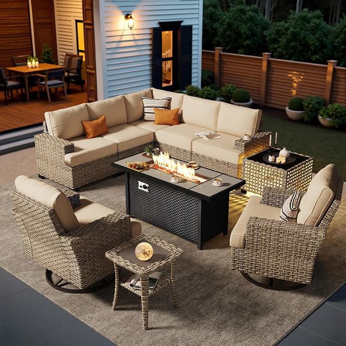 HOOOWOOO Sectional Patio Furniture Set with Fire Pit Table,10 Pieces Wicker Outdoor Furniture L Shaped Couch,Outside Conversation Set Extra Deep Seat Sofa Wide Arm Swivel Chairs Solar Table,Beige