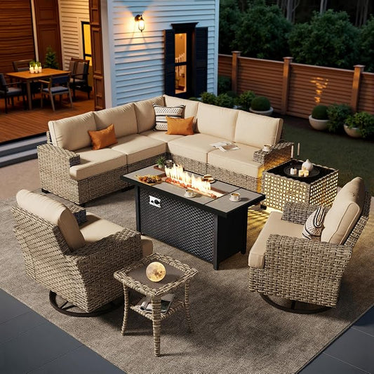 HOOOWOOO Sectional Patio Furniture Set with Fire Pit Table,10 Pieces Wicker Outdoor Furniture L Shaped Couch,Outside Conversation Set Extra Deep Seat Sofa Wide Arm Swivel Chairs Solar Table,Beige