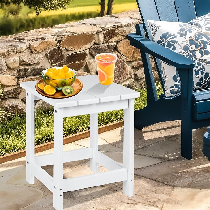 LZRS Patio End Table, Heavy Duty HDPE Outdoor Coffee Table with Wood Texture, Weatherproof Composite Table for Adirondack Chairs, Deck, Pool, Indoor/Outdoor, No Peeling or Cracking(White)