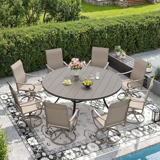 DIFY 9 Pieces Outdoor Dining Set for 8, Outdoor Furniture Set of 8 Sandshell Textilene Swivel Patio Chairs, 60" Grey Wood-Like Round Metal Dining Table Set with Umbrella Hole, for Garden Deck Backyard