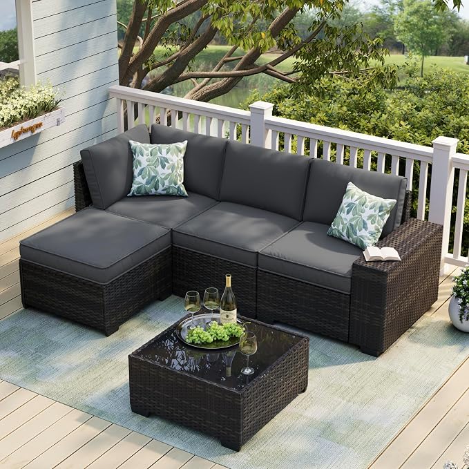 JOYURE 5 Pieces Patio Furniture Set, Outdoor Sofa with Waterproof Cushions, Rattan L Shaped Patio Couch & Coffee Table, Modern Outdoor Furniture for Backyard, Deck, Balcony – Grey