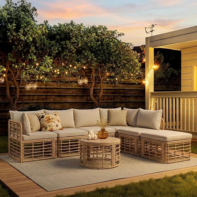 LUMISOL 7 Pieces Outdoor Furniture Set, All-Weather Rattan Sectional Sofa Set with Thick Cushions and Pillows, Freely Combined Conversation Sets for Garden, Backyard, Balcony, Brown