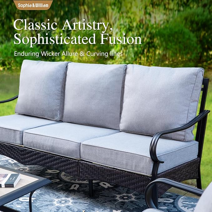 Sophia & William Patio Furniture Set with Fire Pit Table, 4 PCS Metal Outdoor Conversation Set with Fire Pit Table, 2 Sofa Chairs,3-Seater Couch for Outdoor Seating, Backyard, Porch(Grey)