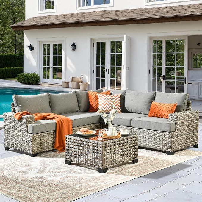6 Pcs Outdoor Sectional Patio Furniture Set - All Weather Wicker Modular L Shaped Outside Sectional Sofa Couch,Patio Seating Outdoor Conversation Sets for Deck Yard Garden,Dark Grey