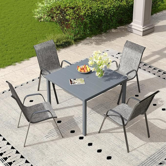 5 Pieces Outdoor Dining Set, 40.2" Square Table with Umbrella Hole & Stackable Patio Dining Chairs, Patio Table and Chairs Set for Deck Garden Porch, Grey Chairs & Dark Grey Table