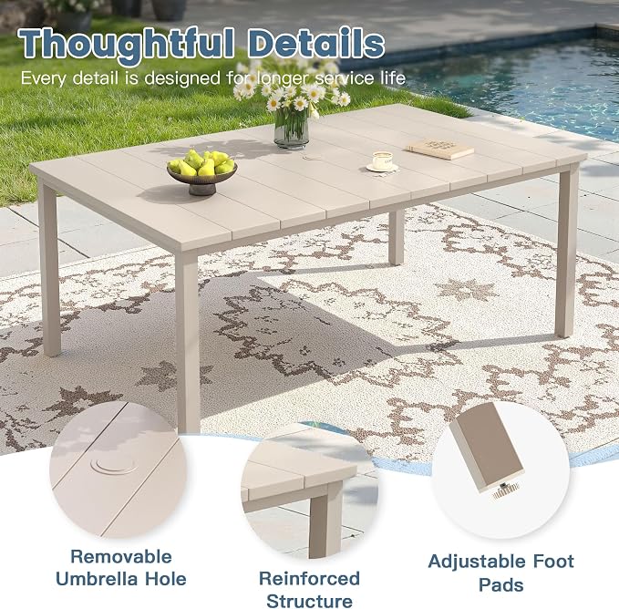 DIFY 7 Pieces Outdoor Dining Set, Metal Patio Table and Chairs Set for 6 with Umbrella Hole, 63" Rectangle Outdoor Table and Textilene Swivel Patio Chairs for Garden, Backyard, Poolside, Sandshell