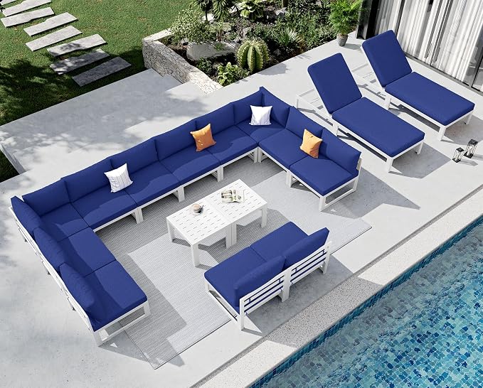 NICESOUL 16 Pcs Extra Large Modern Aluminum Outdoor Sofa with Chaise, 29" Deep Wide Seat, 500 lbs Durable Sectional Set for Heavy People, Water Resistant Patio Furniture Set for Backyard, Navy Blue