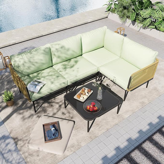 5 Piece Outdoor Patio L-Shaped Conversation Set, Patio Furniture Set with Cushions and Table, All-Weather Rattan Woven Sectional Sofa for Backyard, Porch, Boho Detachable Lounger (Green)