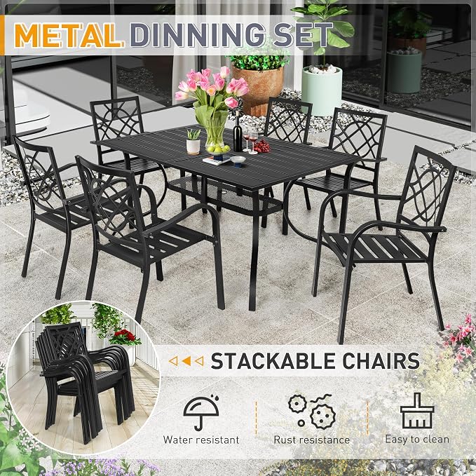 SUNCROWN 8-Piece Outdoor Wrought Iron Chairs and Table Patio Dining Furniture Set - 6 Stackable Metal Chairs, 1 Steel Slat Bistro Table and 1 Brown 9Ft Patio Umbrella for Garden Backyard Deck