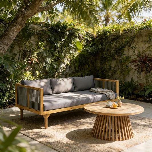 Christopher Knight Home Clarie Patio Sofa and Coffee Table Set, 2 Piece Outdoor Patio Furniture Set with Cushion, Acacia Wood 3 Seater Outdoor Sofa Daybed and Coffee Table Set, Dark Gray+Teak