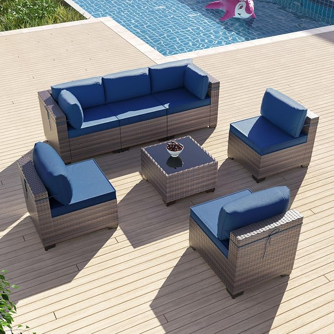 7 Pieces Outdoor Patio Furniture Sets,Wicker Conversation Set Sectional Sofa,Includes 6 All-Weather High Back PE Rattan Seating Components w/Thickened Cushions&Coffee Table,Navy