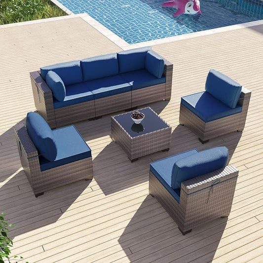 7 Pieces Outdoor Patio Furniture Sets,Wicker Conversation Set Sectional Sofa,Includes 6 All-Weather High Back PE Rattan Seating Components w/Thickened Cushions&Coffee Table,Navy