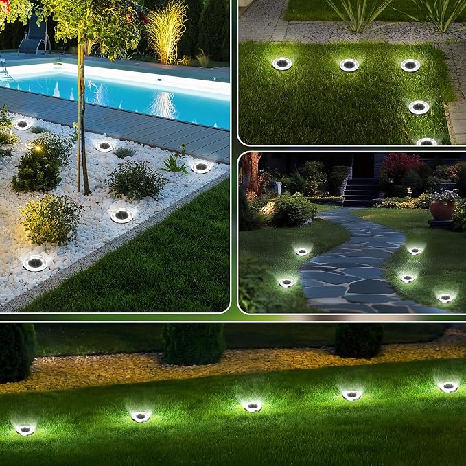 INCX 16Pack Solar Ground Lights Outdoor, 8 LED, IP65 Waterproof, Cold White | 600mAh Ni-MH battery, 8-10h runtime, stainless steel, ABS and PP body, solar garden lights for pathways, lawns and driveways
