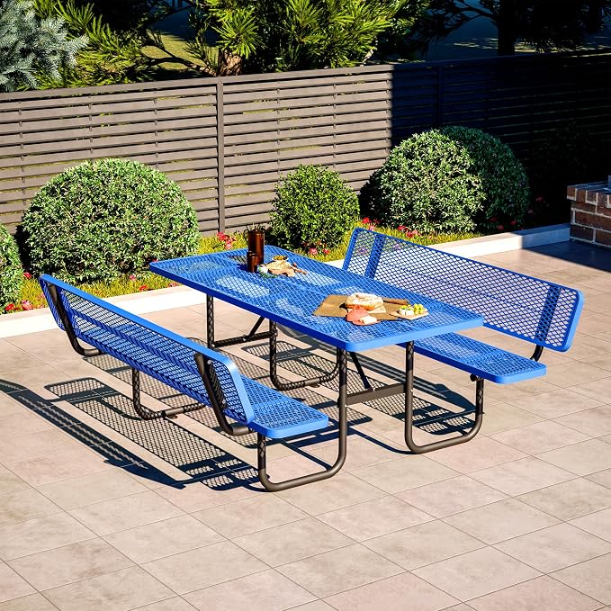 79" Rectangular Metal Picnic Table with Backrest, 1.73" Umbrella Hole, Heavy-Duty Rust & Heat Resistant Steel Mesh Table Set, Smooth Rounded Corner Design for Yard, Park, Beach & BBQ, Blue