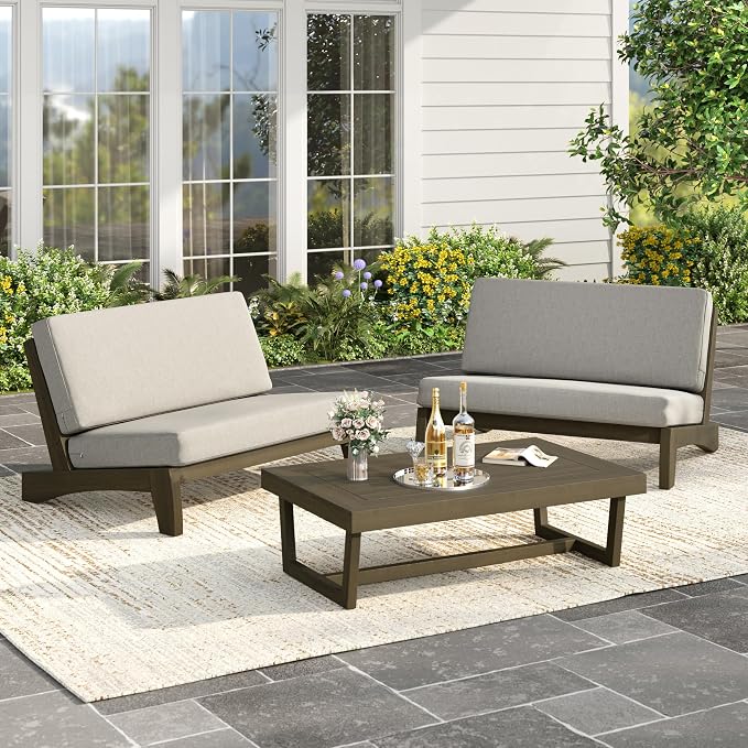 Wood Patio Furniture Sets, 3 Pieces All Weather Patio Loveseat Sofa Outdoor Sectional Futniture Backyard Conversation Set with Solid Wooden Coffee Table - Light Camel